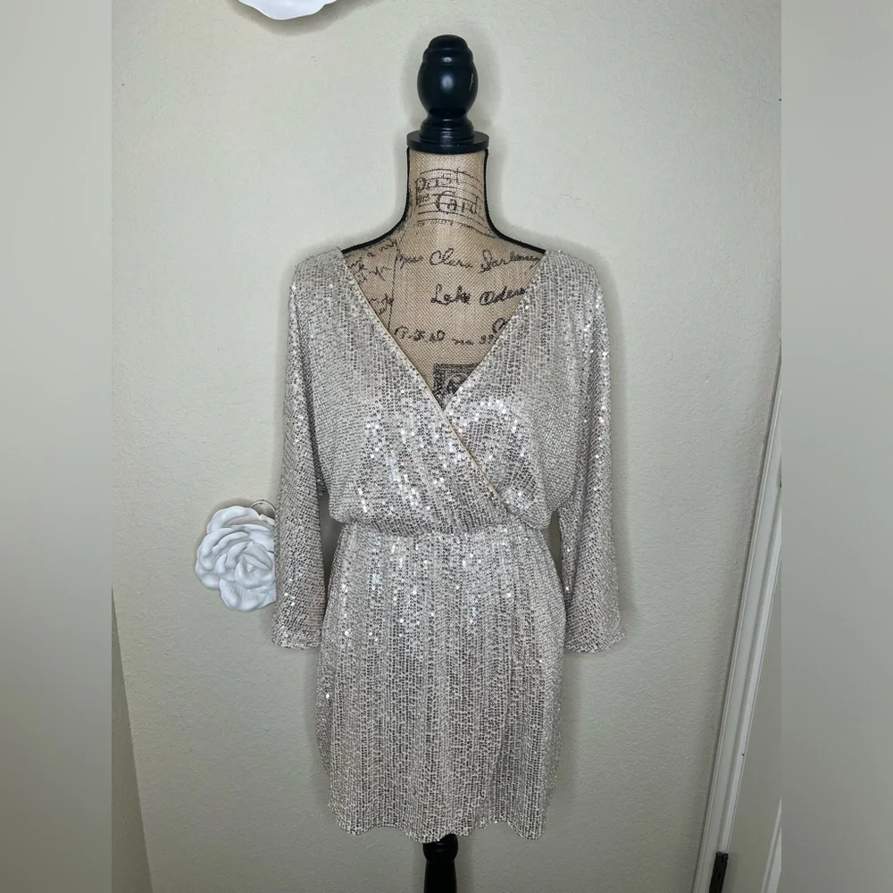 NTM: Silver Sequin Mini Dress Surplice V-Neck Long Sleeve Cocktail Holiday Glam - Picture 8 of 16